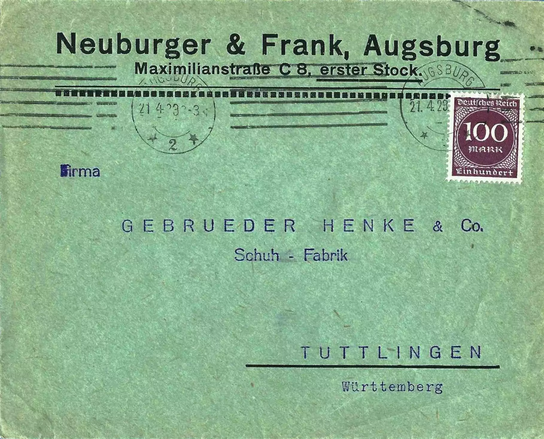 Briefumschlag der Fa. Neuburger & Frank. (Alemannia Judaica)